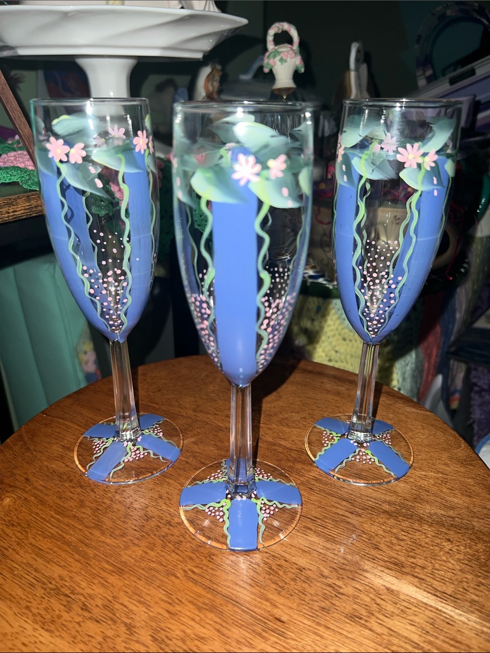 Hand-Painted Blue Floral Champagne Flutes - Set of 3
